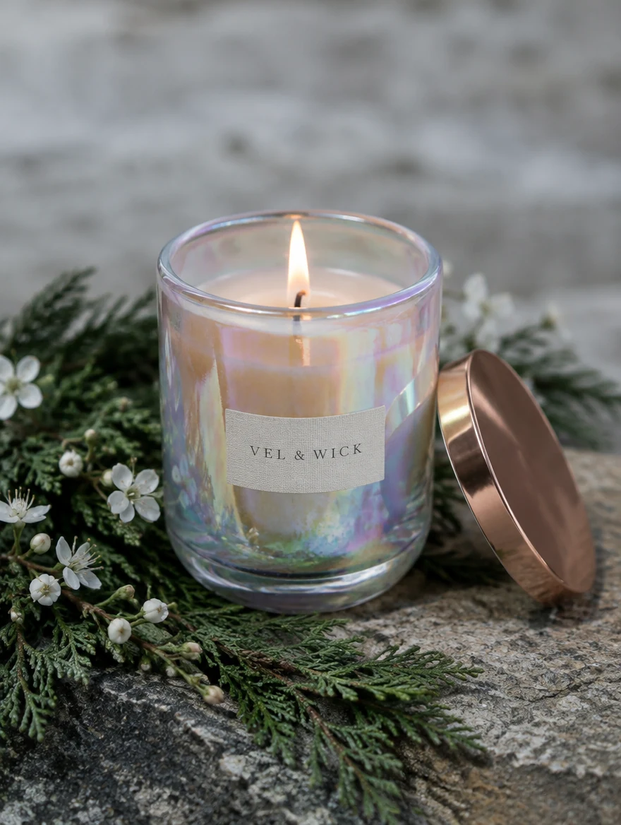 Vel & Wick Hinoki candle burning in an iridescent glass jar with a rose-gold lid beside cypress branches and white flowers