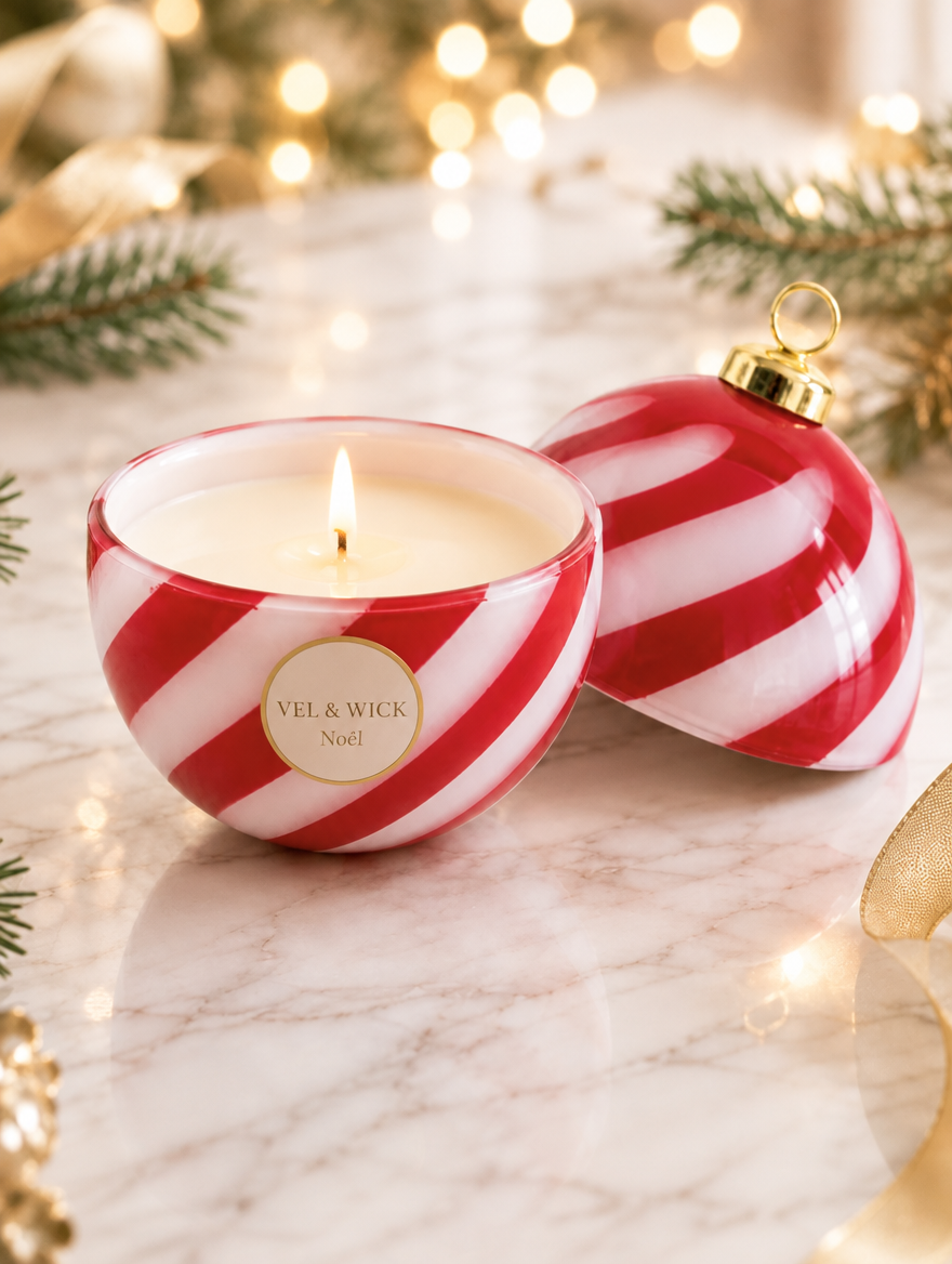 Vel & Wick Noël ornament candle burning in a red-and-white striped vessel beside its matching ornament lid on marble